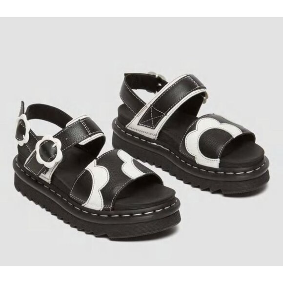 Dr. Martens Voss Pisa Leather Strap Sandals in Black White Floral Leather Size 8 - Picture 1 of 10